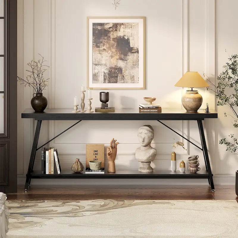 70-Inch Console Table with 3 Power Outlets, 2 USB Ports and Lower Storage Shelf