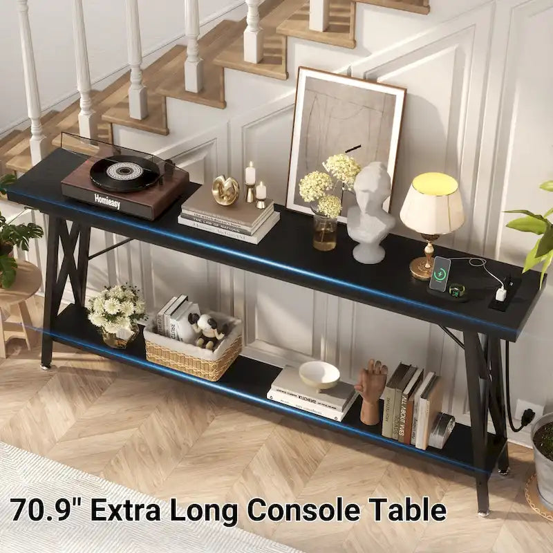 70-Inch Console Table with 3 Power Outlets, 2 USB Ports and Lower Storage Shelf