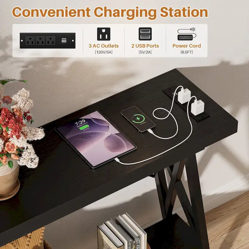 70-Inch Console Table with 3 Power Outlets, 2 USB Ports and Lower Storage Shelf