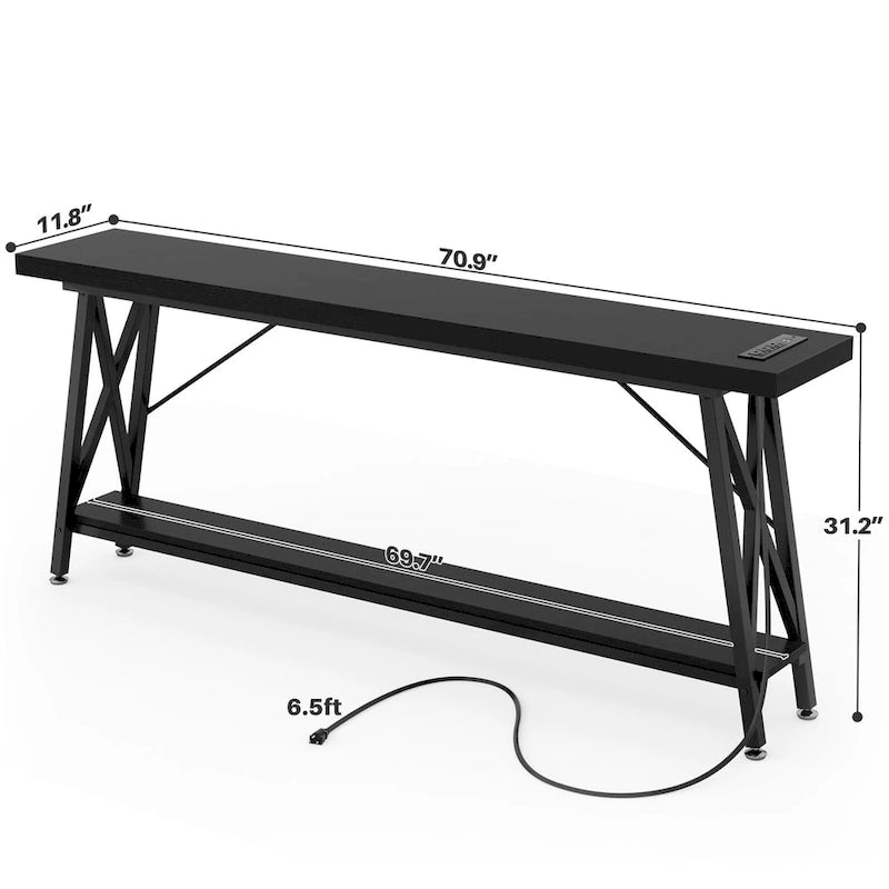 70-Inch Console Table with 3 Power Outlets, 2 USB Ports and Lower Storage Shelf