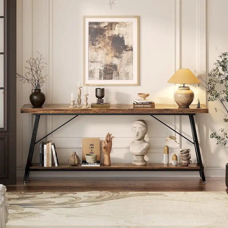 70-Inch Console Table with 3 Power Outlets, 2 USB Ports and Lower Storage Shelf