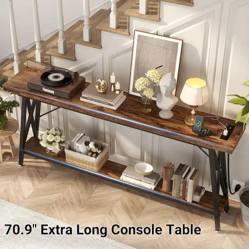 70-Inch Console Table with 3 Power Outlets, 2 USB Ports and Lower Storage Shelf