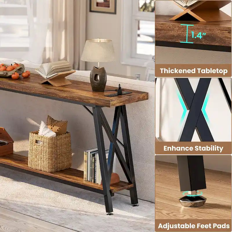 70-Inch Console Table with 3 Power Outlets, 2 USB Ports and Lower Storage Shelf