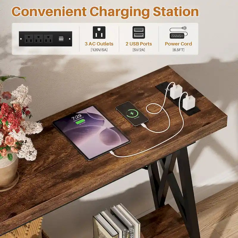 70-Inch Console Table with 3 Power Outlets, 2 USB Ports and Lower Storage Shelf