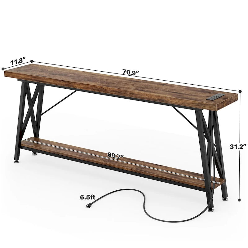 70-Inch Console Table with 3 Power Outlets, 2 USB Ports and Lower Storage Shelf