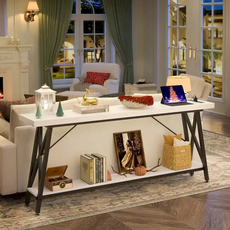 70-Inch Console Table with 3 Power Outlets, 2 USB Ports and Lower Storage Shelf