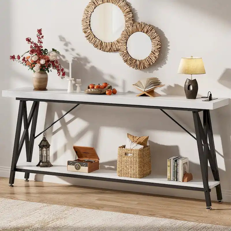 70-Inch Console Table with 3 Power Outlets, 2 USB Ports and Lower Storage Shelf