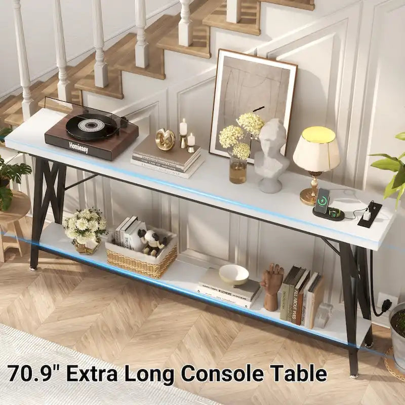 70-Inch Console Table with 3 Power Outlets, 2 USB Ports and Lower Storage Shelf