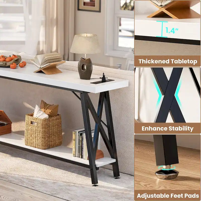 70-Inch Console Table with 3 Power Outlets, 2 USB Ports and Lower Storage Shelf