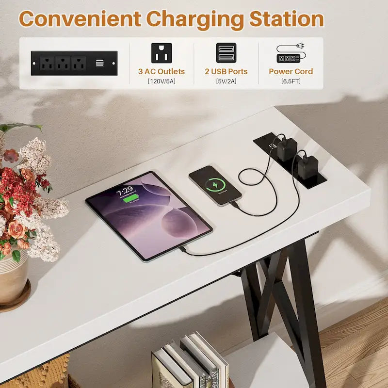 70-Inch Console Table with 3 Power Outlets, 2 USB Ports and Lower Storage Shelf