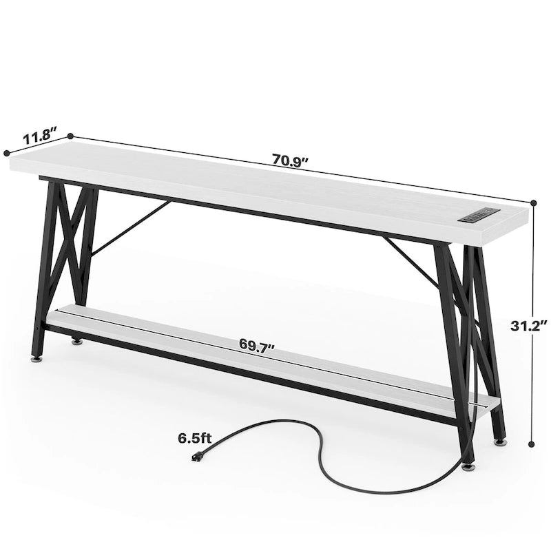 70-Inch Console Table with 3 Power Outlets, 2 USB Ports and Lower Storage Shelf