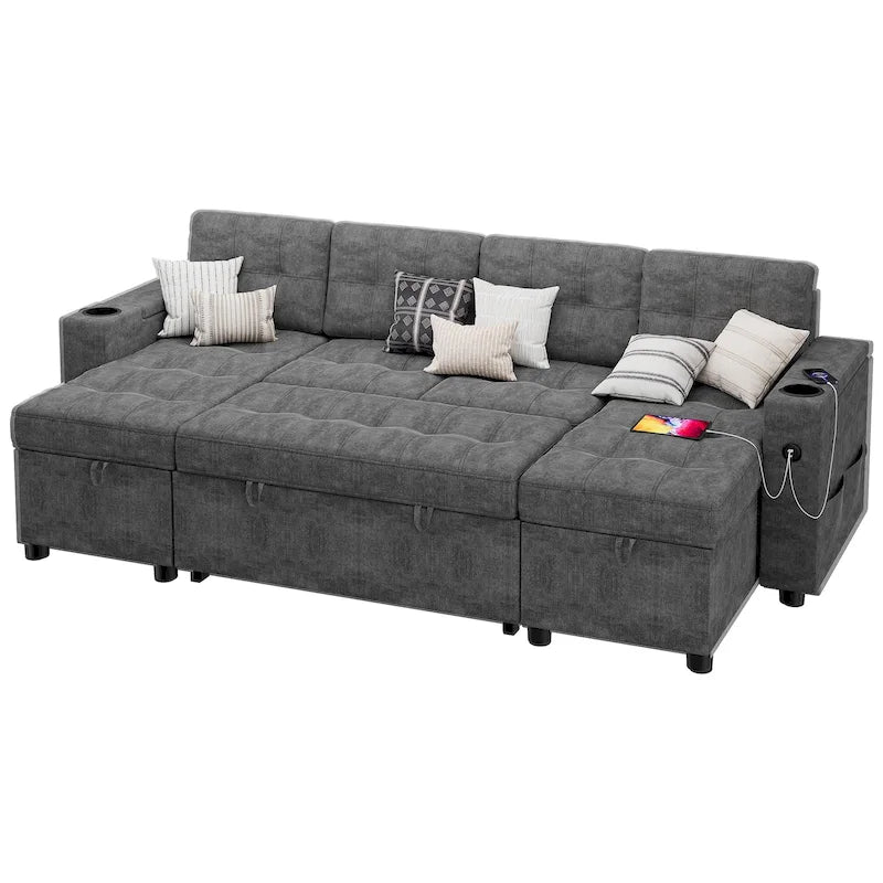 U-Shaped Sectional Sofa with Pull-Out Bed, Hidden Storage and Charging Ports