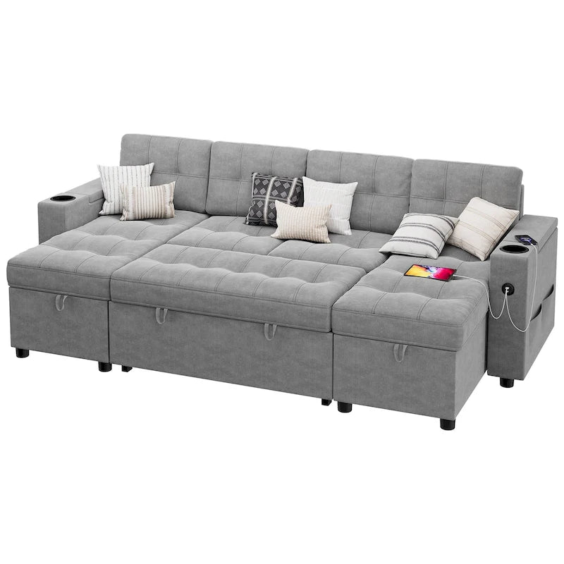 U-Shaped Sectional Sofa with Pull-Out Bed, Hidden Storage and Charging Ports
