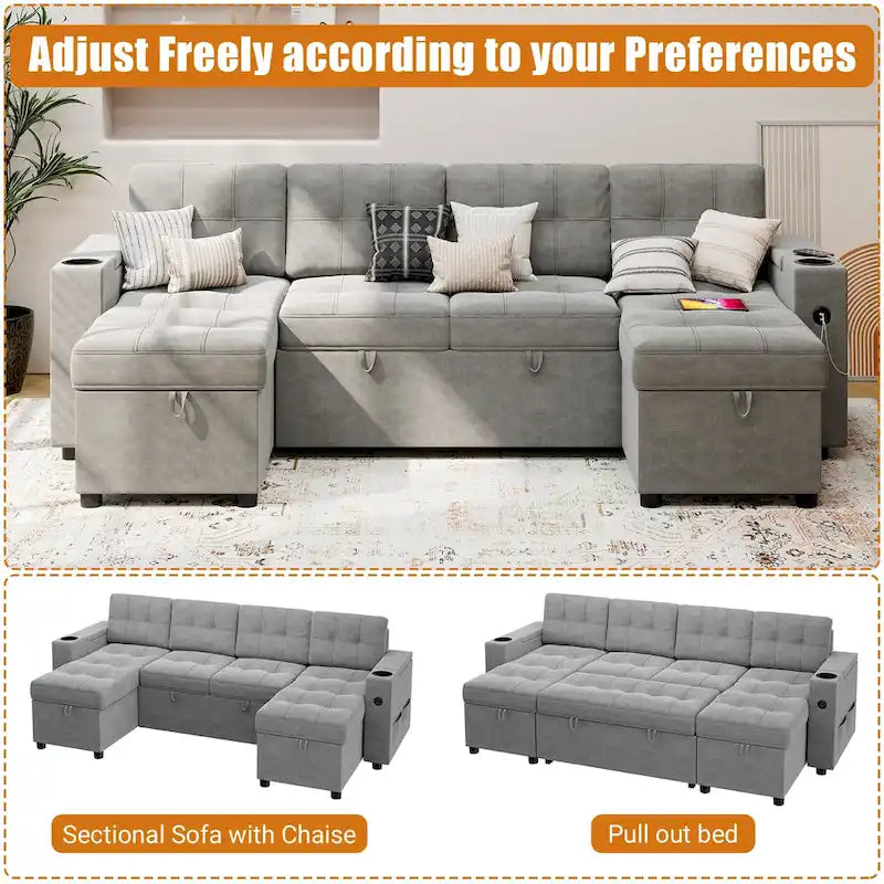 U-Shaped Sectional Sofa with Pull-Out Bed, Hidden Storage and Charging Ports