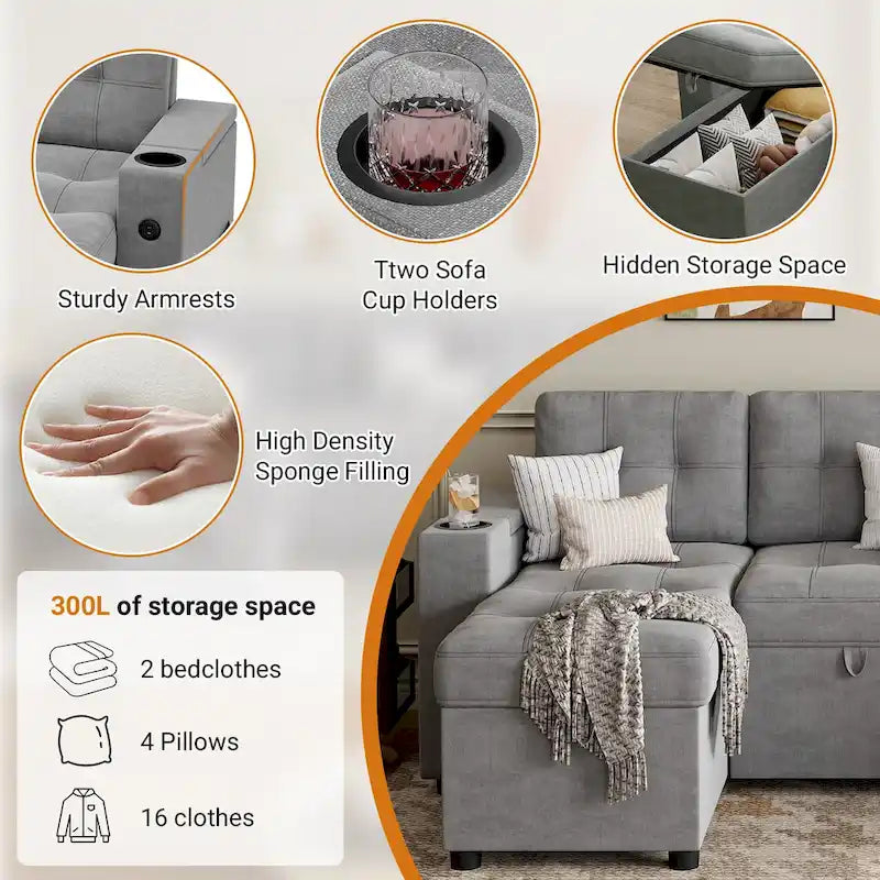 U-Shaped Sectional Sofa with Pull-Out Bed, Hidden Storage and Charging Ports