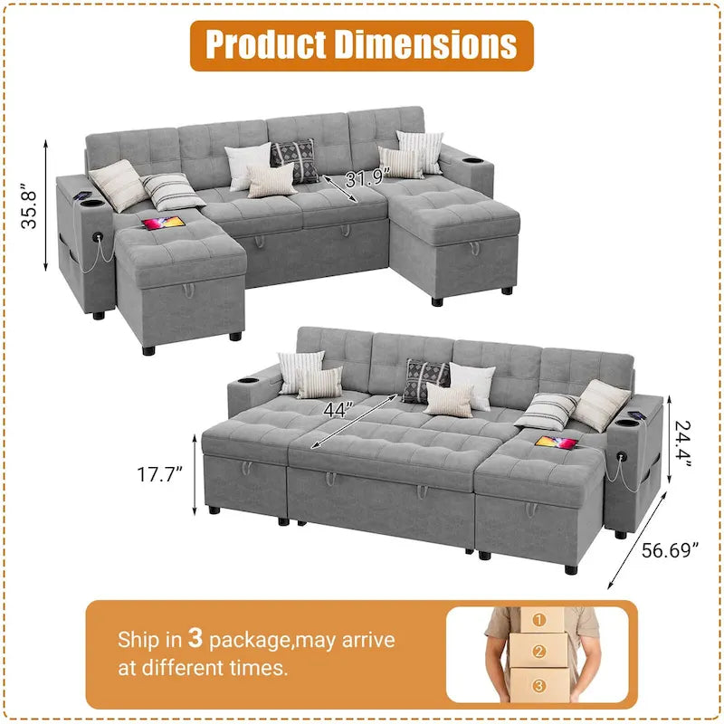 U-Shaped Sectional Sofa with Pull-Out Bed, Hidden Storage and Charging Ports