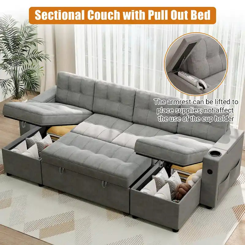 U-Shaped Sectional Sofa with Pull-Out Bed, Hidden Storage and Charging Ports