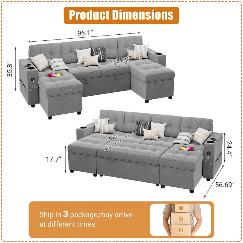 U-Shaped Sectional Sofa with Pull-Out Bed, Hidden Storage and Charging Ports