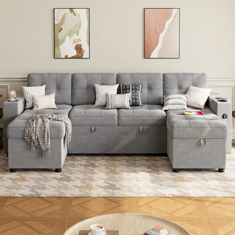 U-Shaped Sectional Sofa with Pull-Out Bed, Hidden Storage and Charging Ports