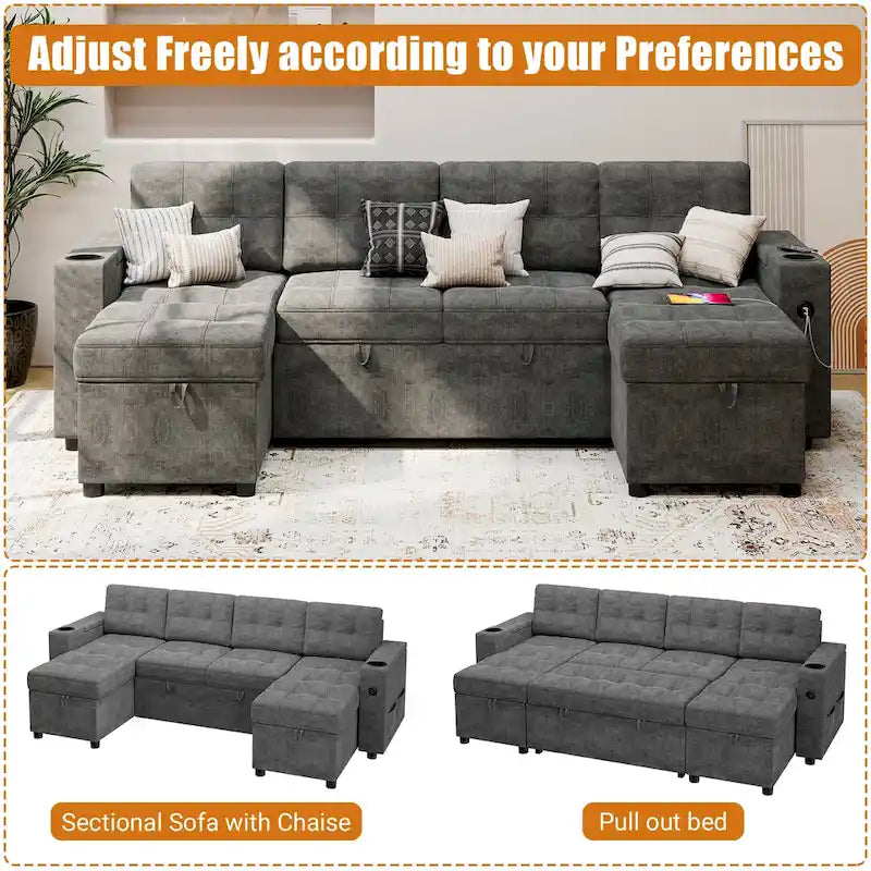 U-Shaped Sectional Sofa with Pull-Out Bed, Hidden Storage and Charging Ports