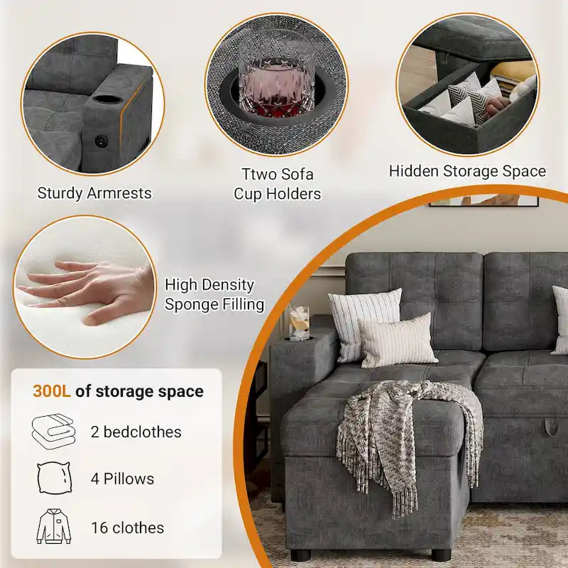 U-Shaped Sectional Sofa with Pull-Out Bed, Hidden Storage and Charging Ports