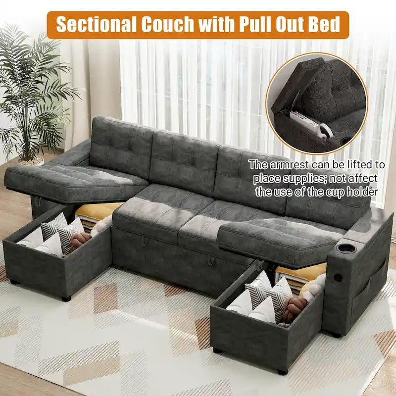 U-Shaped Sectional Sofa with Pull-Out Bed, Hidden Storage and Charging Ports