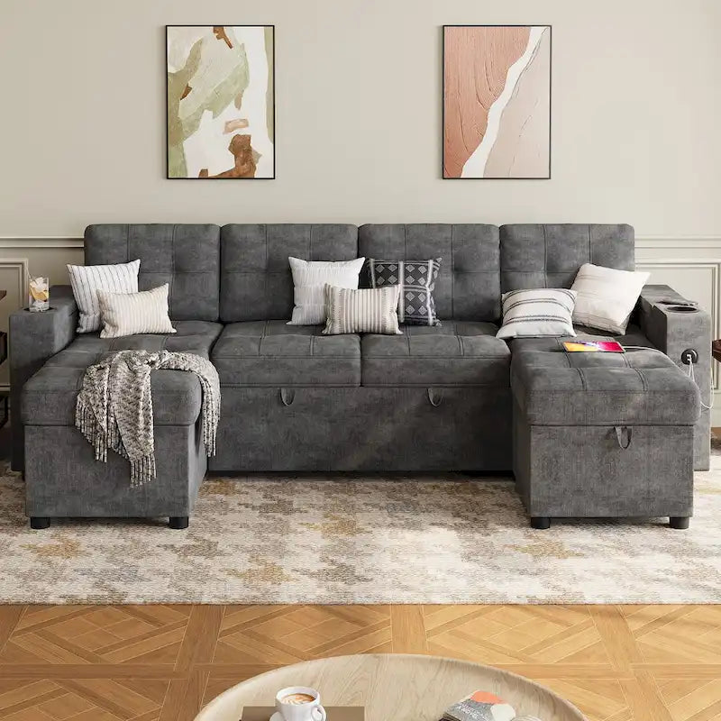U-Shaped Sectional Sofa with Pull-Out Bed, Hidden Storage and Charging Ports