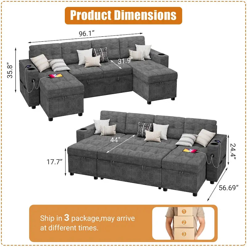 U-Shaped Sectional Sofa with Pull-Out Bed, Hidden Storage and Charging Ports