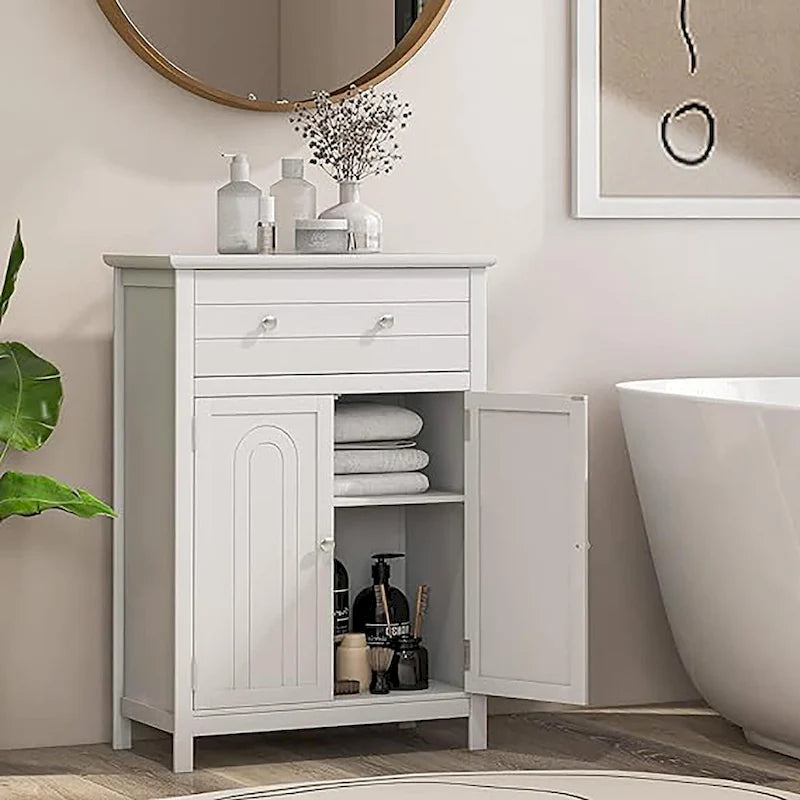 Freestanding Bathroom Cabinet with Drawer, Adjustable Shelf and Grooved Doors