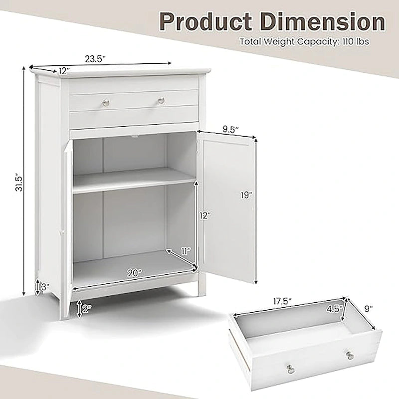 Freestanding Bathroom Cabinet with Drawer, Adjustable Shelf and Grooved Doors