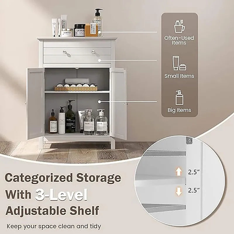 Freestanding Bathroom Cabinet with Drawer, Adjustable Shelf and Grooved Doors