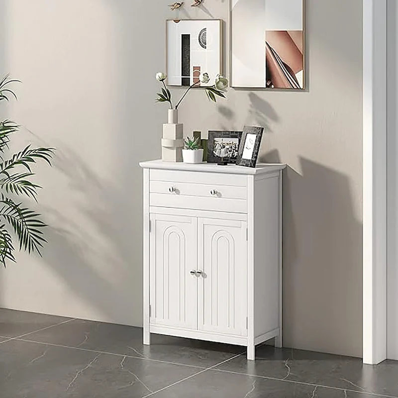 Freestanding Bathroom Cabinet with Drawer, Adjustable Shelf and Grooved Doors