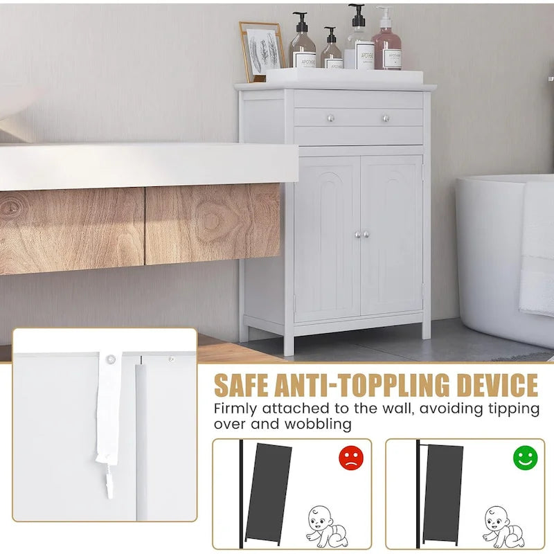 Freestanding Bathroom Cabinet with Drawer, Adjustable Shelf and Grooved Doors