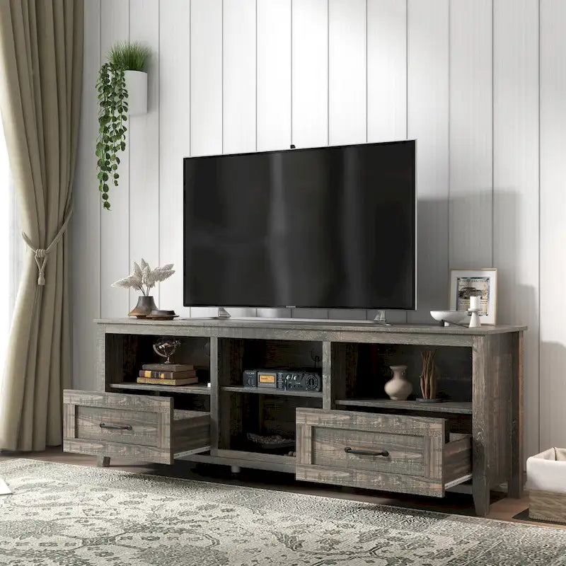 70-Inch TV Stand with 4 Open Compartments and 2 Drawers for TVs up to 60 Inches