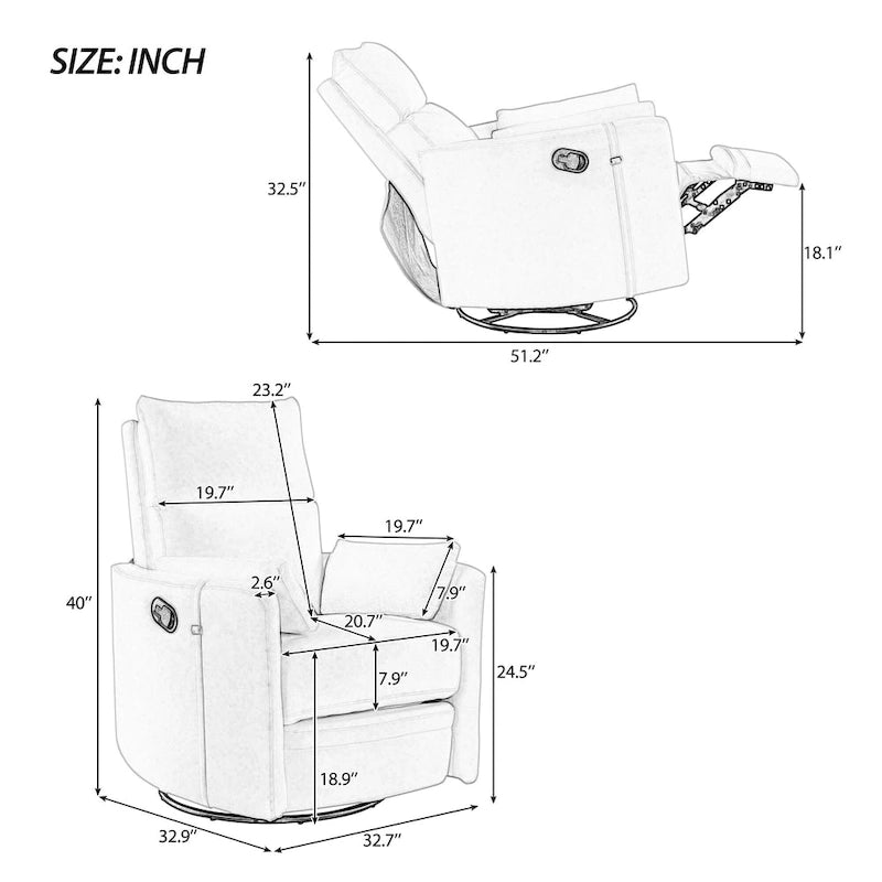 Swivel Rocker Recliner Chair with Linen Fabric, Adjustable Backrest and 2 Removable Pillows