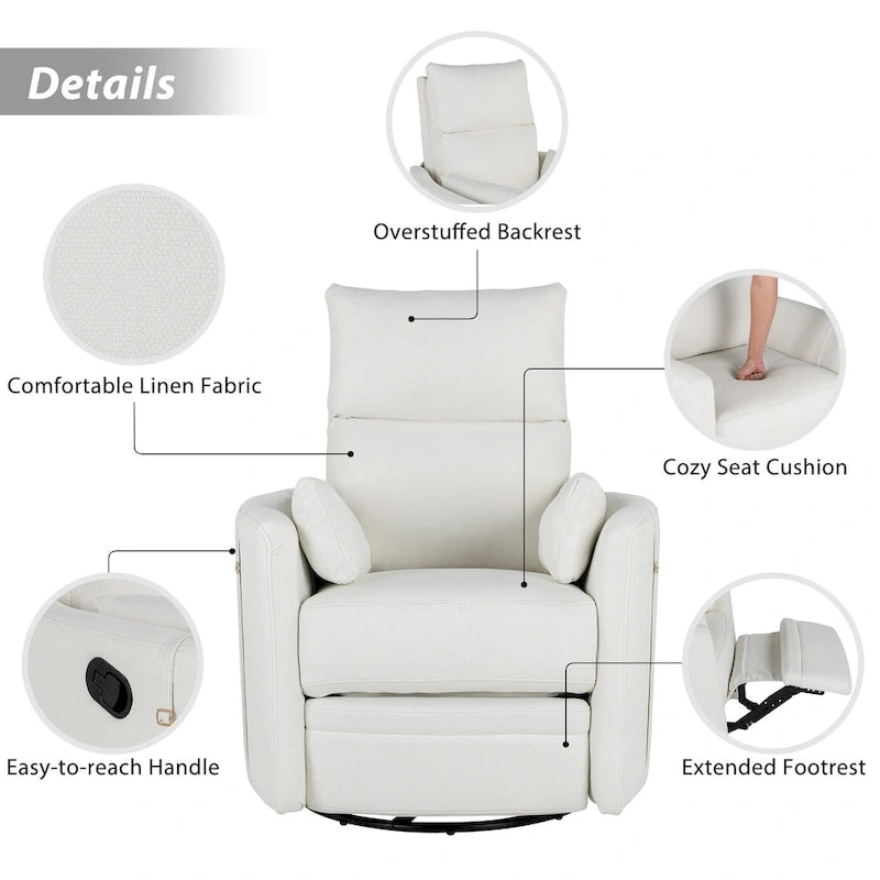 Swivel Rocker Recliner Chair with Linen Fabric, Adjustable Backrest and 2 Removable Pillows