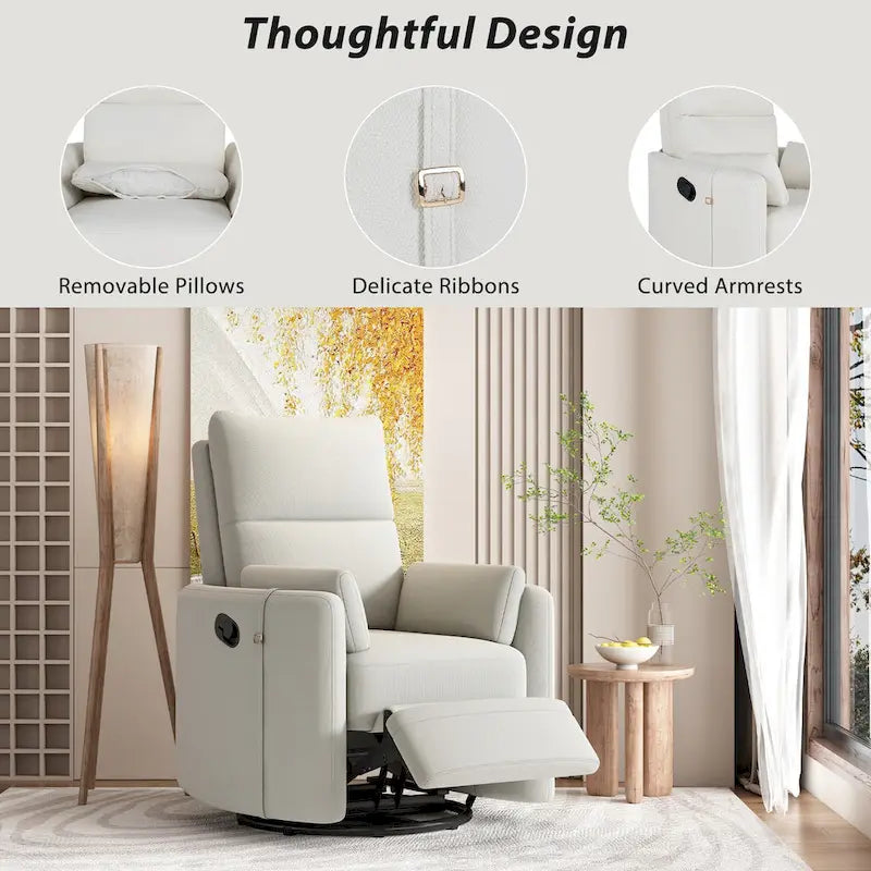 Swivel Rocker Recliner Chair with Linen Fabric, Adjustable Backrest and 2 Removable Pillows