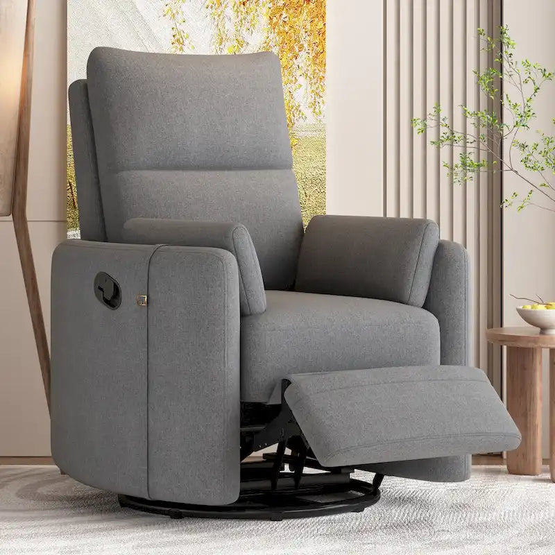 Swivel Rocker Recliner Chair with Linen Fabric, Adjustable Backrest and 2 Removable Pillows