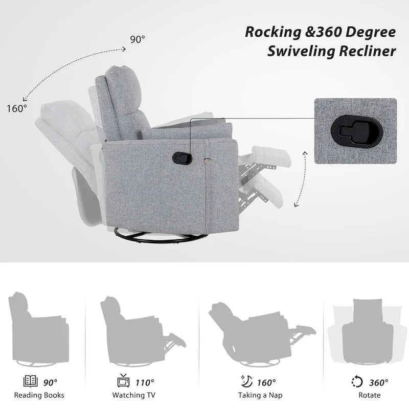 Swivel Rocker Recliner Chair with Linen Fabric, Adjustable Backrest and 2 Removable Pillows