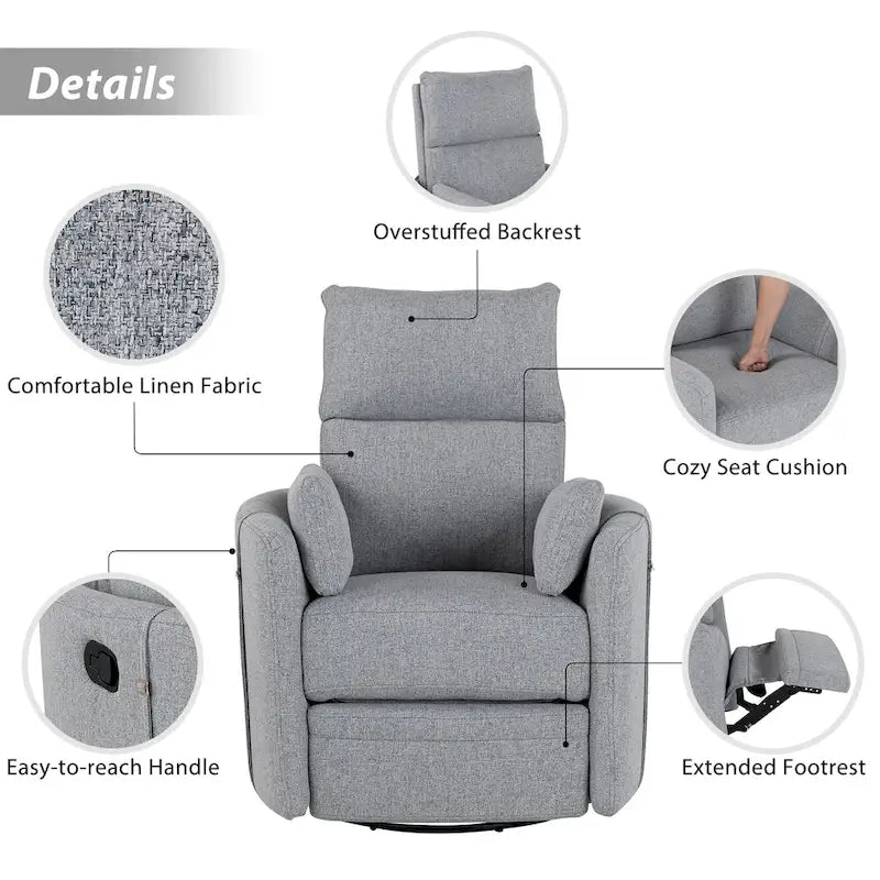 Swivel Rocker Recliner Chair with Linen Fabric, Adjustable Backrest and 2 Removable Pillows