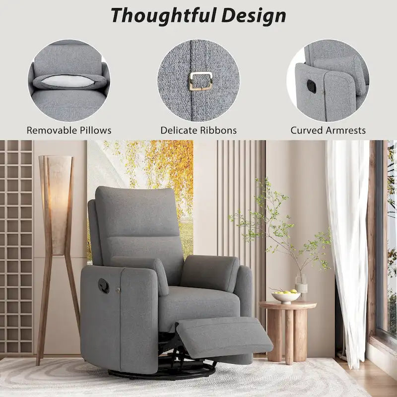 Swivel Rocker Recliner Chair with Linen Fabric, Adjustable Backrest and 2 Removable Pillows