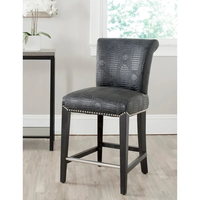23-Inch Counter Stool with Black Faux Leather Seat and Tapered Wood Legs