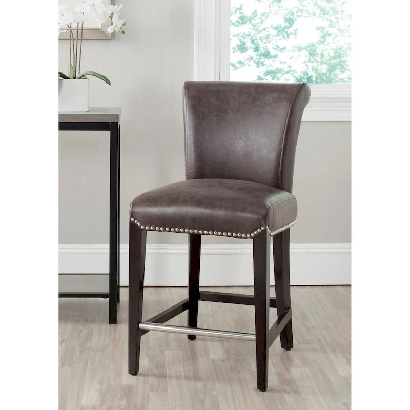 23-Inch Counter Stool with Black Faux Leather Seat and Tapered Wood Legs