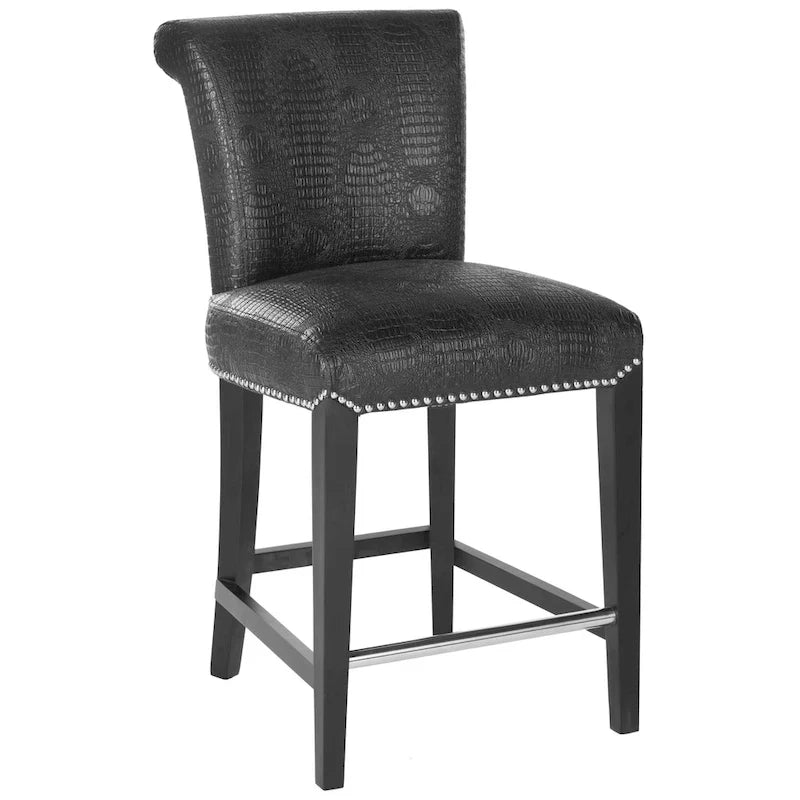 23-Inch Counter Stool with Black Faux Leather Seat and Tapered Wood Legs