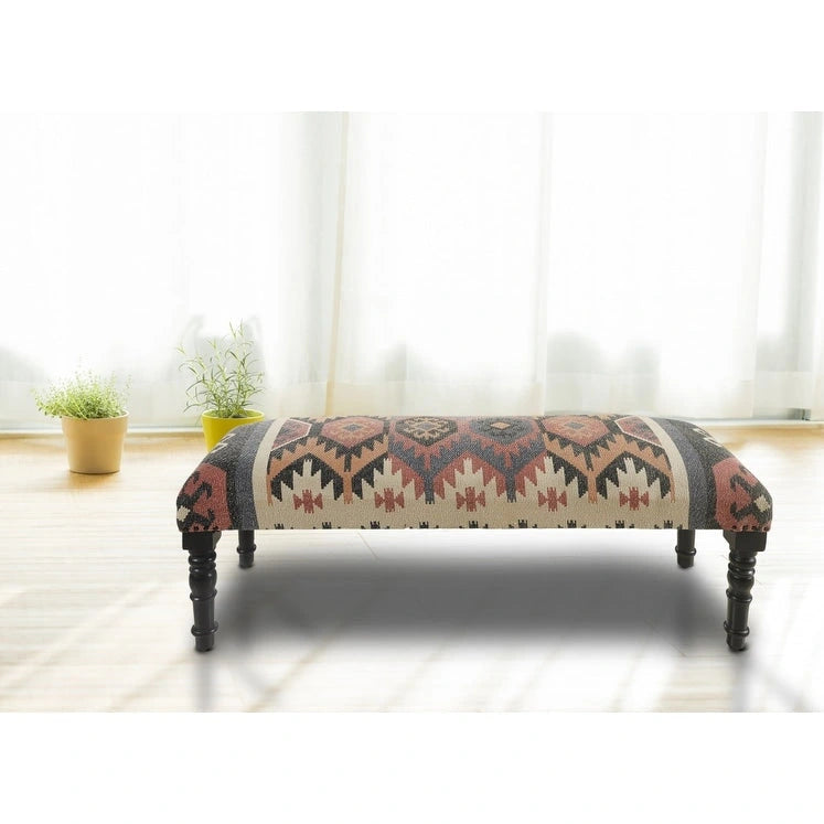 47-Inch Upholstered Entryway Bench with Jute and Wool Seat and Black Wood Legs
