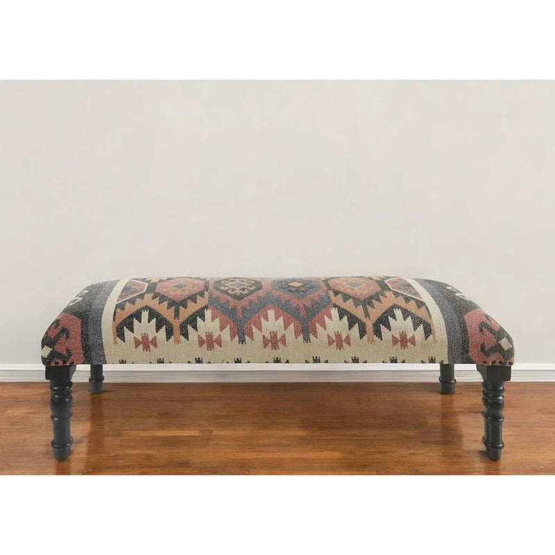 47-Inch Upholstered Entryway Bench with Jute and Wool Seat and Black Wood Legs