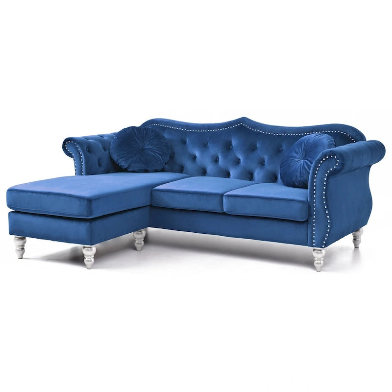 Hollywood 81 in. Velvet Chesterfield Sectional Sofa with 2-Throw Pillow - 81L x 35W x 34H