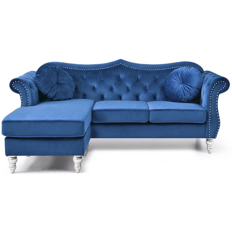 81-Inch Velvet Sectional Sofa with Chaise and Throw Pillows