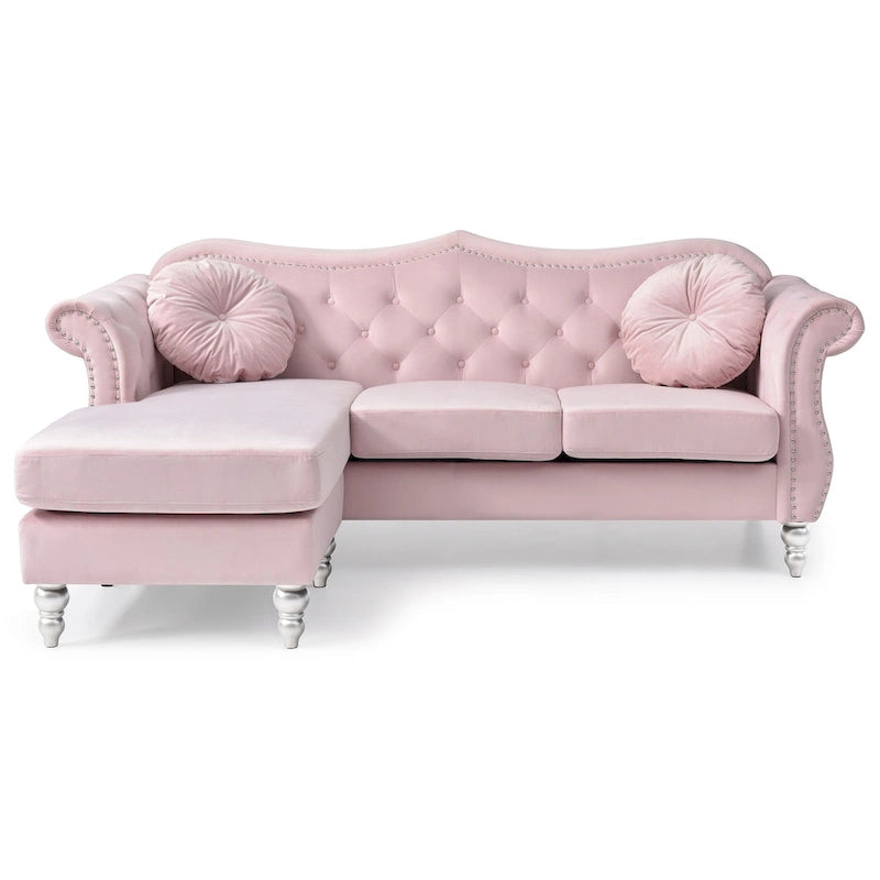81-Inch Velvet Sectional Sofa with Chaise and Throw Pillows