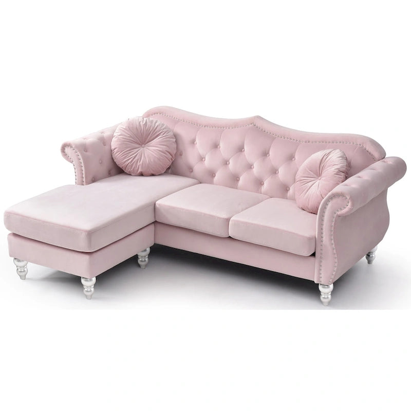 81-Inch Velvet Sectional Sofa with Chaise and Throw Pillows